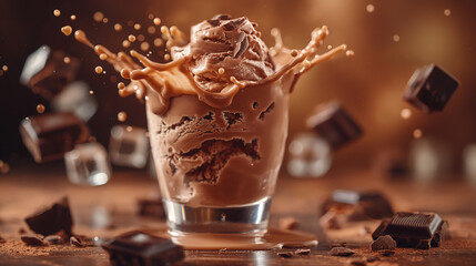 A delectable chocolate ice cream in a glass with a dynamic splash captured mid-air, surrounded by airborne chocolate chunks