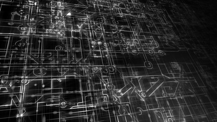 Abstract electronic circuits. Technology background. Black and white stylized circuit boards, depicting computers, networks.