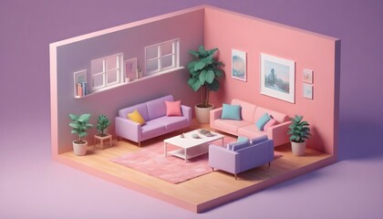 cube cutout of an isometric living room, 3d art, pastel colors, soft lighting, high detail, artstation, concept art, behance, ray tracing