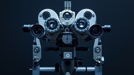 A close-up view of a phoropter, a machine used for eyesight measurement testing, highlighting its significance in eye health checks and ophthalmology