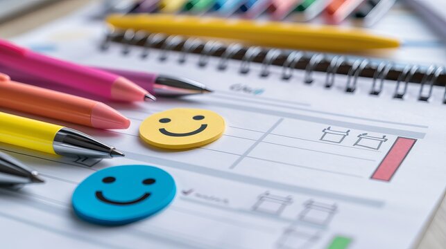 A concept of customer satisfaction surveys and questionnaires is depicted, where feedback is given through a form with multiple choices, using pens, paper, and smiley face icons