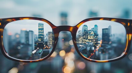 A modern, bright city view is seen through eyeglasses, with a blurry background emphasizing the concept of vision and clarity