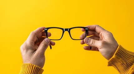 A young Caucasian man's hand holds optometry glasses against an isolated yellow background, representing vision correction and eye care - obrazy, fototapety, plakaty