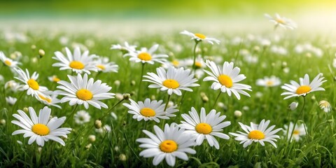 White daisies paint a spring scene across a panoramic green field, summer and spring background