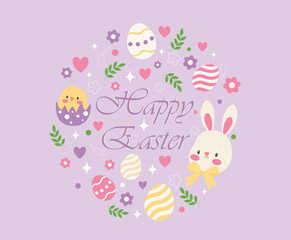 Round greeting card Happy Easter. Images of the Easter bunny, little chick and flowers. Happy Easter inscription.