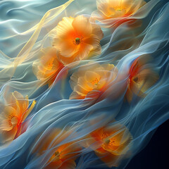 3D rendering of silk fabric with a floral pattern, done in a hyper-realistic style.