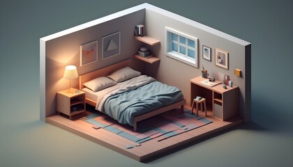 cube cutout of an isometric programmer bedroom, 3d art, muted colors, soft lighting, high detail, concept art, behance, ray tracing