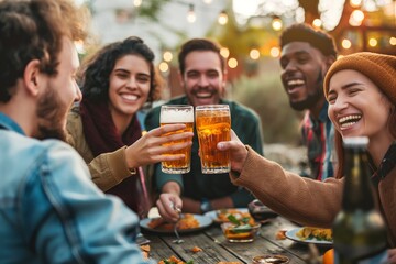 group of people from different ethnic backgrounds cheering and drinking beer at bar pub table -Happy young friends enjoying happy hour at brewery restaurant-Youth culture-Life style food and beverage