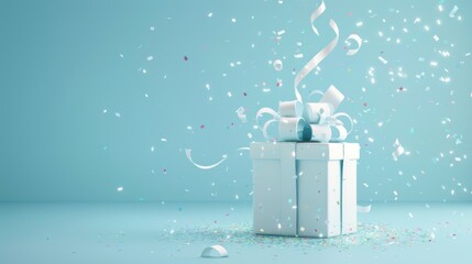 White gift box with blue ribbon and splash of paper pieces. AI generated
