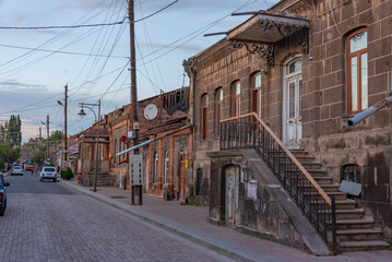 Sunset view of a street in the center of Gyumri, Armenia
