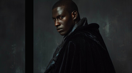 Fototapeta na wymiar A resplendent black man cloaked in a dark velvet cape his sharp features and luxurious attire paying homage to the alluring aesthetic of Transylvanian royalty. .