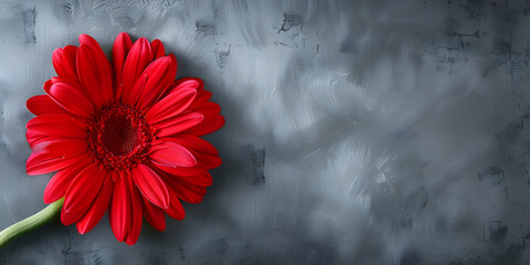 Red gerbera on a gray background, copy space.