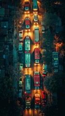 Aerial view of a delivery vehicle fleet ready for dispatch at dawn