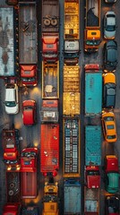 Aerial view of a delivery vehicle fleet ready for dispatch at dawn - obrazy, fototapety, plakaty