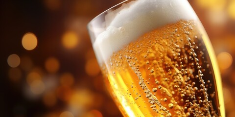 Close-up of a frothy beer glass with golden bubbles and warm bokeh. - obrazy, fototapety, plakaty