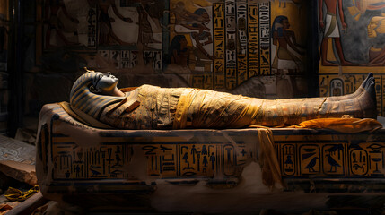 Ancient Egyptian Mummy in Decorative Sarcophagus within a Historical Tomb: A Spectacular Glimpse into Mummy History - obrazy, fototapety, plakaty