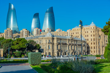 Mix of historical and contemporary architecture in the old town of Baku, Azerbaijan