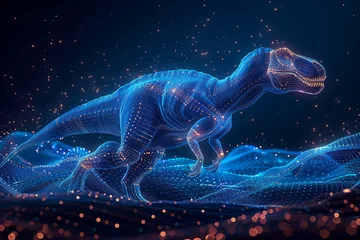 Deurstickers Step into the prehistoric world with a captivating image of a dinosaur rendered in wireframe and neon style against a striking blue background © Evhen Pylypchuk