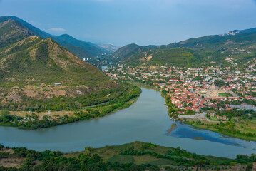 Panorama view of Mtskheta at confluence of Mtkvari and Kura rivers in Georgia