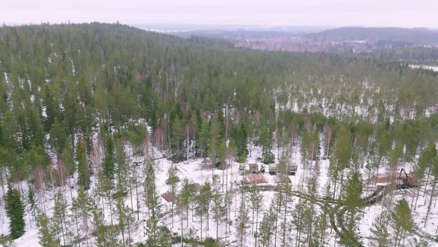 Truck hauls felled timber logs over snowy forest road in Sweden, aerial pan