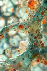 A cartoon animation showcasing a journey through the nervous system, with cybernetic parts integrating seamlessly with biological structures, highlighting the fusion of natural and modern technology