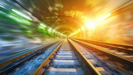 A train hurtling through a tunnel at high speed, its form transformed into vivid streaks by motion blur. 