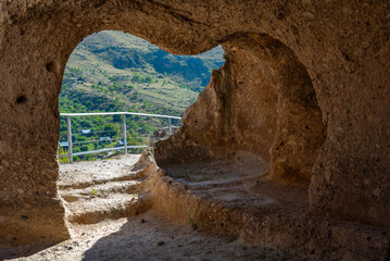 Carved room at Vardzia caves in Georgia