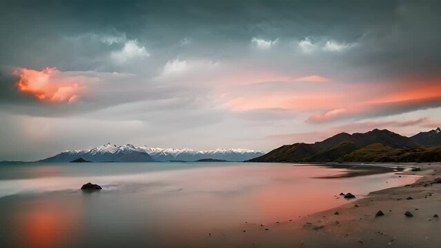 Serene Lakefront at Twilight with Mountain Backdrop