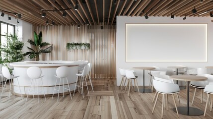 Bar and restaurant interiors with clean white walls decorated with wooden motifs
