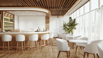 Bar and restaurant interiors with clean white walls decorated with wooden motifs