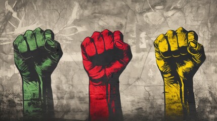 Raised fists drawing on stone wall in the colors yellow, green, and red. Juneteenth Freedom and African liberation day. Black life matters. Black history month.