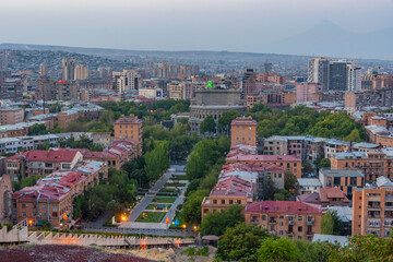 Fototapeta premium Sunset view of Yerevan from the Cascade staircase, Armenia