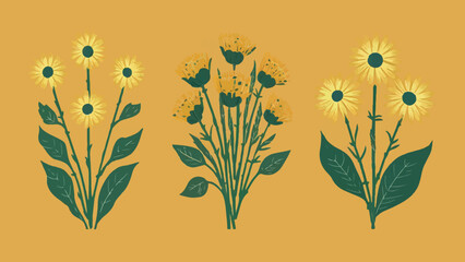 Yellow Field Flowers and Bouquet Vector Illustration