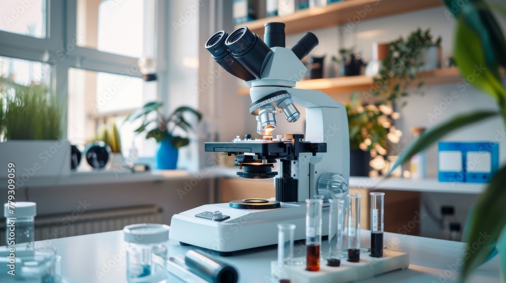 Poster modern microscope on a lab bench - a close-up view of a high-tech digital microscope on a laboratory