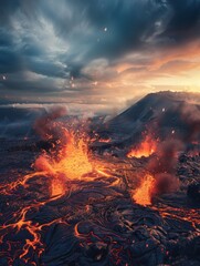 Fototapeta premium Dramatic volcano eruption at sunset - A breathtaking scene of a volcano fiercely erupting, illuminating the sunset sky with bursts of lava