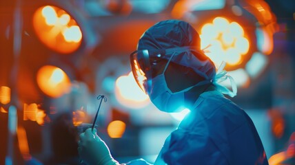 Surgeon in action under bright OR lights - A vibrant image capturing a surgeon amidst bright surgical lights during an intense medical procedure - obrazy, fototapety, plakaty