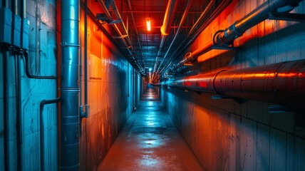 Vibrant Blue and Red Underground Tunnel - A visually arresting image featuring intense red and blue lighting in a futuristic underground passage with exposed pipes - obrazy, fototapety, plakaty