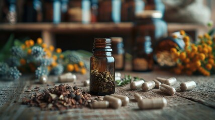 Vintage bottle among herbs and capsules - An antique glass jar with metal figurines, surrounded by natural herbs and holistic capsules on a rustic wooden table - obrazy, fototapety, plakaty