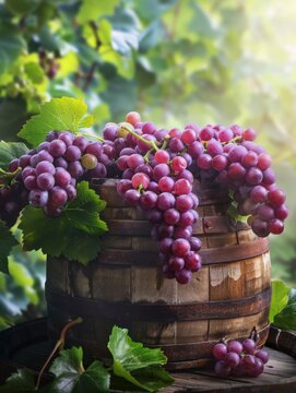 Ripe grapes on wooden barrel in vineyard - A vibrant image capturing ripe bunches of grapes on a rustic wooden barrel, set against a lush vineyard backdrop