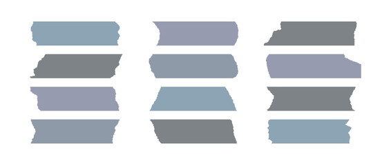 Fototapeta premium Grey adhesive tape piece set. Scotch stripes with torn jagged edges. Plastic duct tape band collection. Sticky masking paper for package wrap, blank tag, label, sticker, decoration. Vector pack