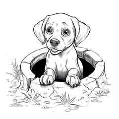Fototapeta premium Cute Puppy Emerging from a Shattered Flowerpot. - outline illustration for coloring book - png isolated on transparent background