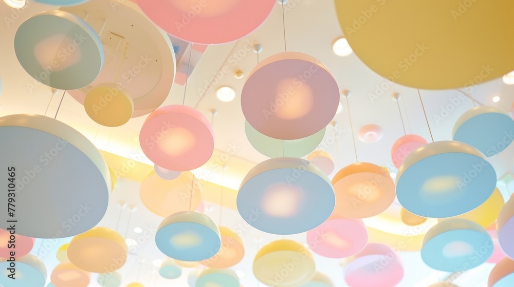 Poster soft pastelcolored circles in varying sizes are tered across the ceiling giving the space a whimsica