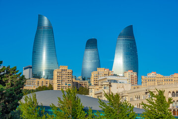 Flame towers domainating the skyline of Baku, Azerbaijan