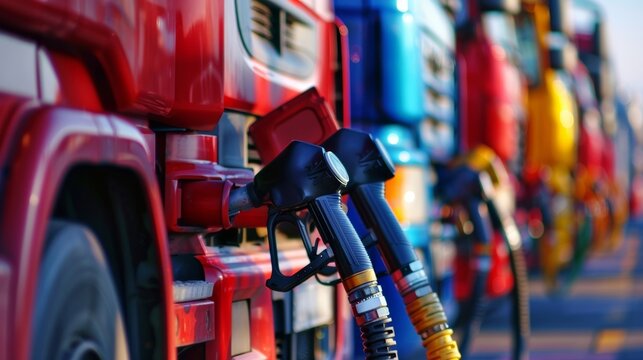 A line of fuel trucks waiting to fill up at a biofuel station showcasing the widespread implementation of government mandates for biofuel blending in transportation fuel. .