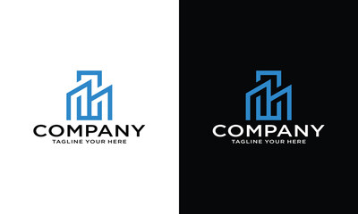 Letter MC initial with house shape logo design on a black and white background.