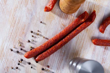 Foto op Plexiglas Appetizing smoked sausages for snacks. High quality photo © JackF
