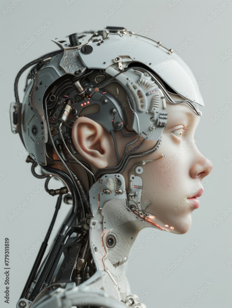 Poster detailed view of futuristic robotic head mechanisms - an intricate portrayal of a robotic head from 