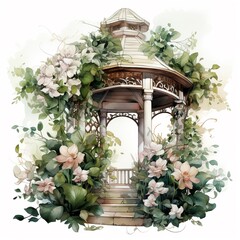 Romantic gazebo decorated with vines and blooms for the couple