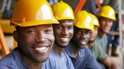 Happy male construction workers posing together - Close-up of a cheerful group of male construction workers wearing yellow hard hats and smiling at the camera