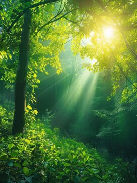 Sunlight streaming through a vibrant forest - Captivating image of sun rays piercing through the lush green foliage in a dense, tranquil forest